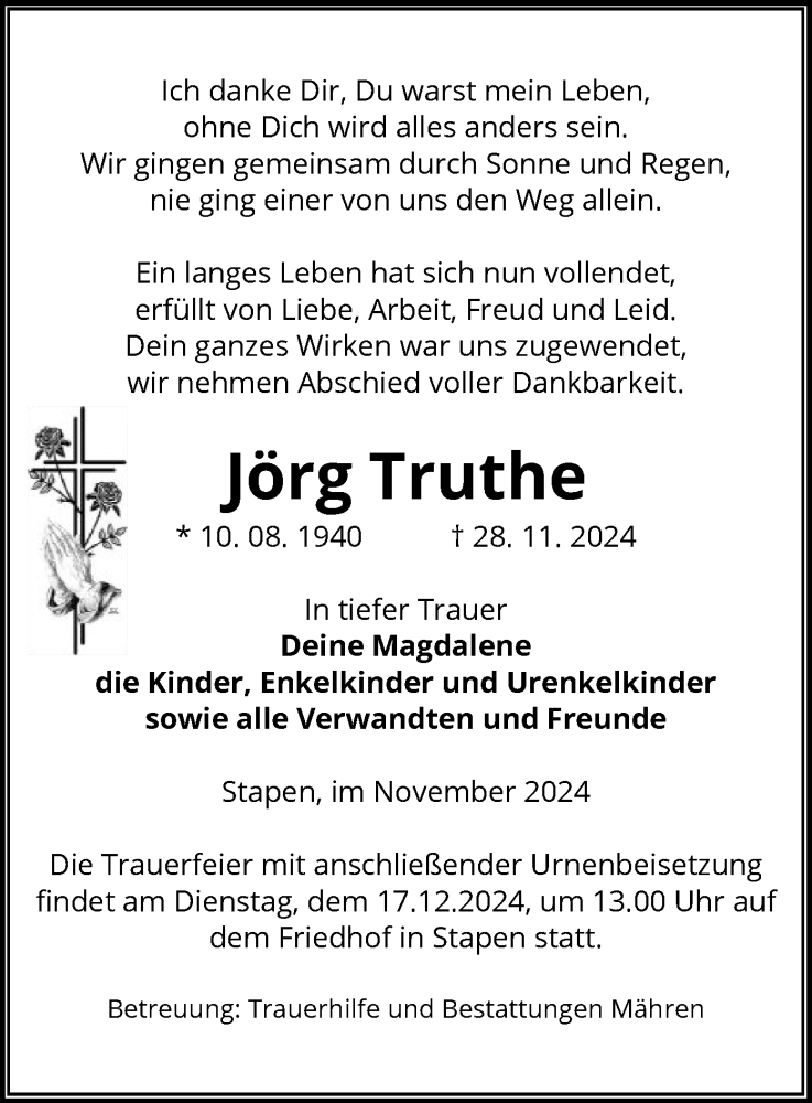  Traueranzeige für Jörg Truthe vom 03.12.2024 aus UEL