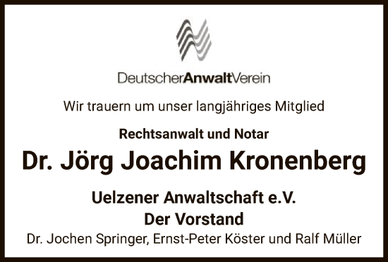 Traueranzeige von Jörg Joachim Kronenberg von UEL