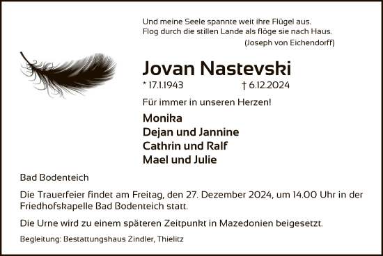 Traueranzeige von Jovan Nastevski von UEL