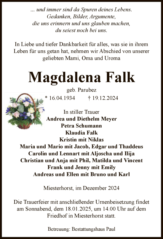 Traueranzeige von Magdalena Falk von UEL