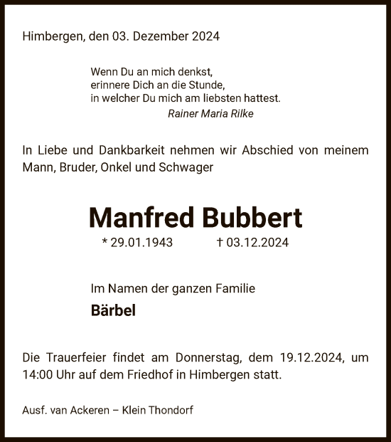 Traueranzeige von Manfred Bubbert von UEL