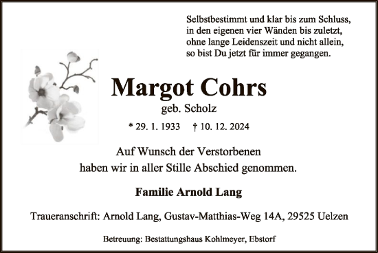 Traueranzeige von Margot Cohrs von UEL