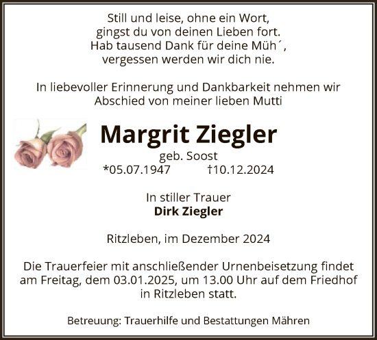 Traueranzeige von Margrit Ziegler von UEL