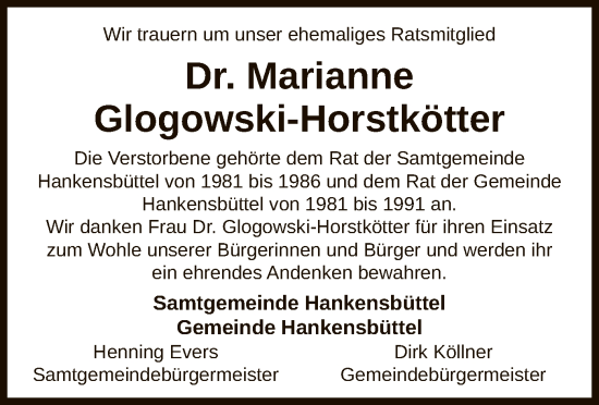 Traueranzeige von Marianne Glogowski-Horstkötter von UEL
