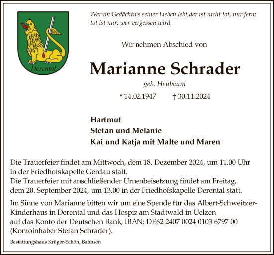 Traueranzeige von Marianne Schrader von UEL