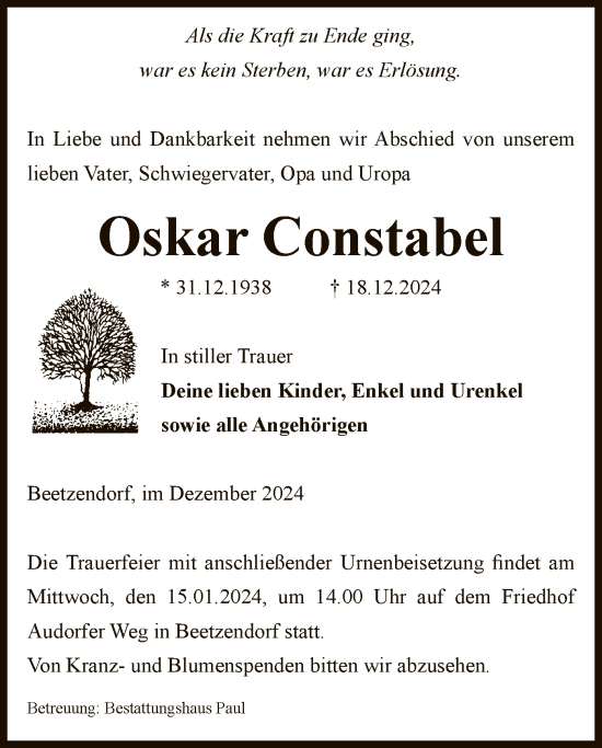 Traueranzeige von Oskar Constabel von UEL