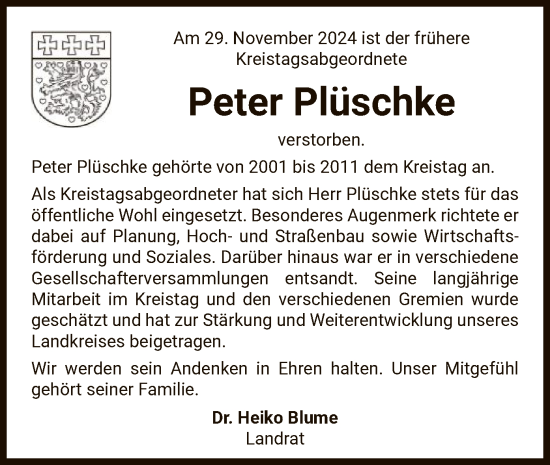 Traueranzeige von Peter Plüschke von UEL