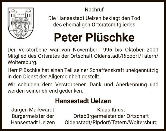 Traueranzeige von Peter Plüschke von UEL