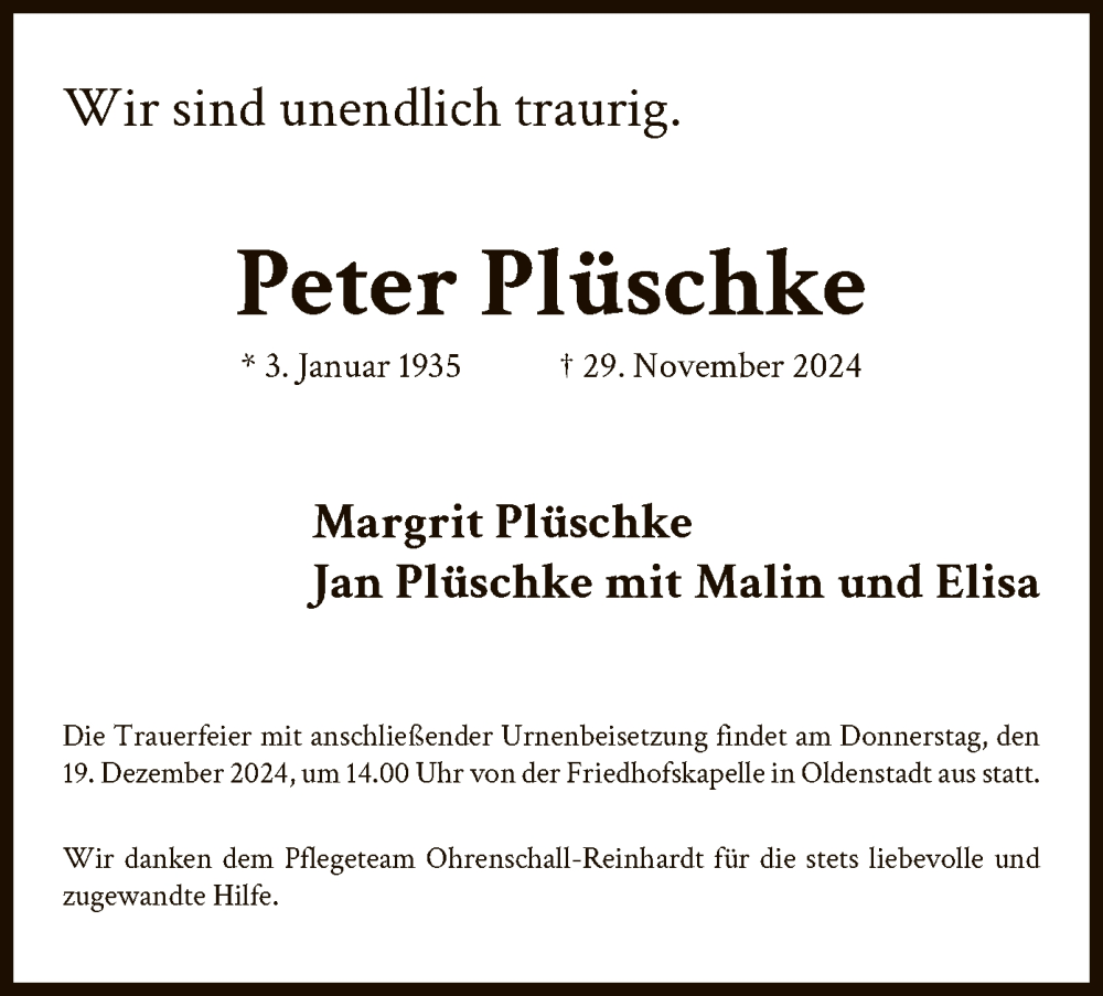  Traueranzeige für Peter Plüschke vom 14.12.2024 aus UEL