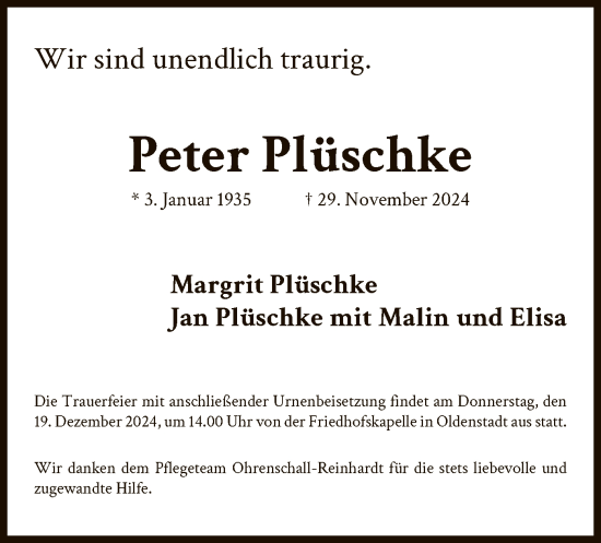 Traueranzeige von Peter Plüschke von UEL