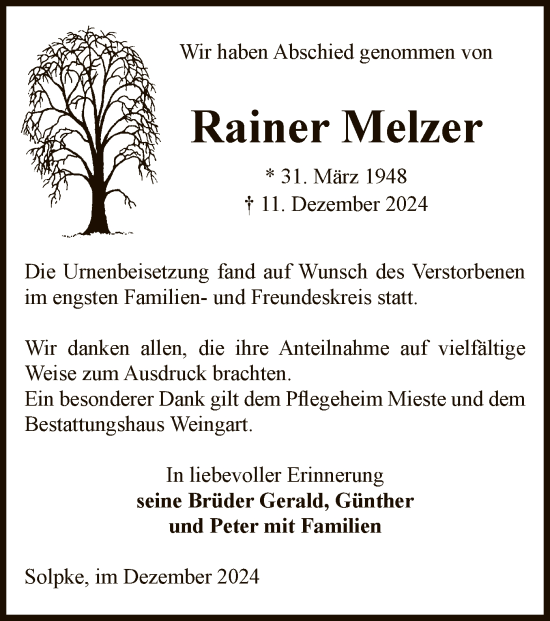 Traueranzeige von Rainer Melzer von UEL