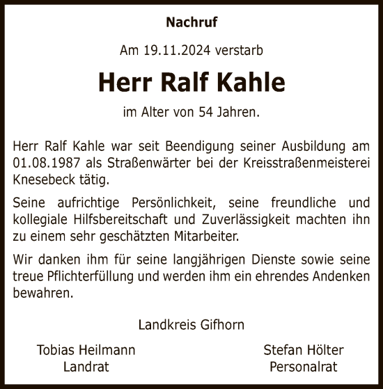 Traueranzeige von Ralf Kahle von UEL