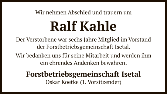 Traueranzeige von Ralf Kahle von UEL