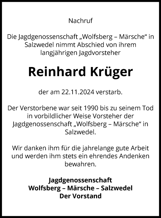 Traueranzeige von Reinhard Krüger von UEL