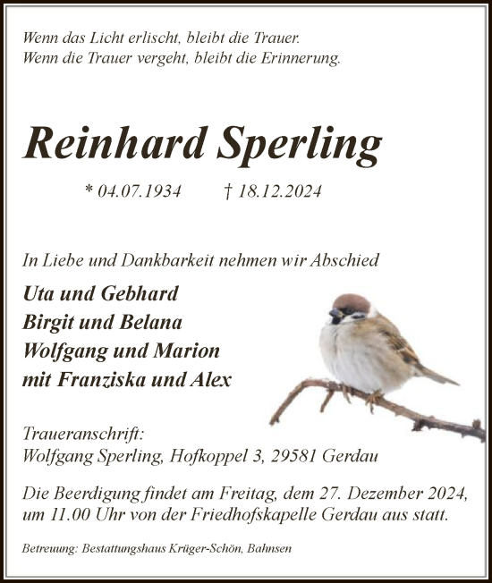 Traueranzeige von Reinhard Sperling von UEL