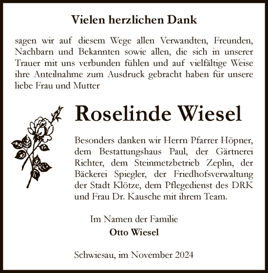 Traueranzeige von Roselinde Wiesel von UEL