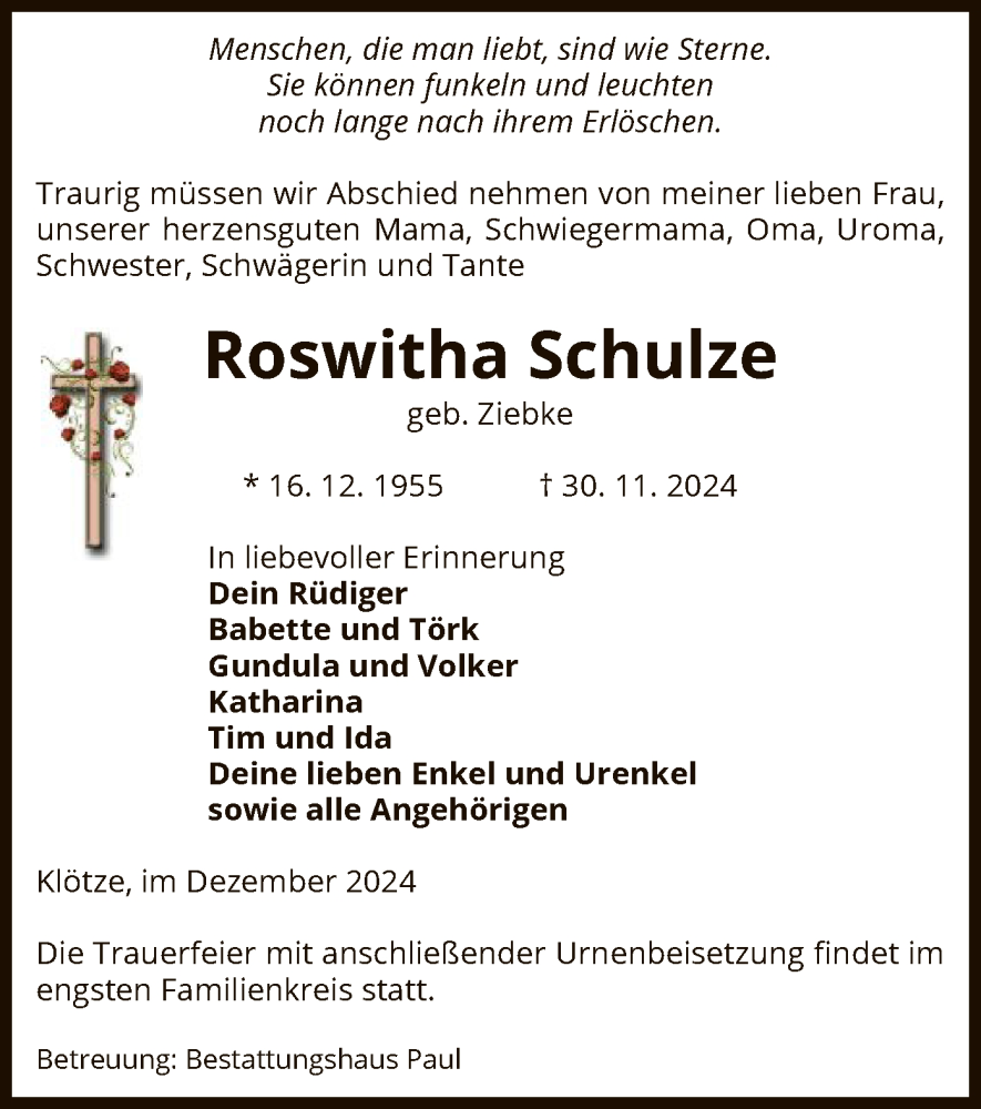  Traueranzeige für Roswitha Schulze vom 05.12.2024 aus UEL