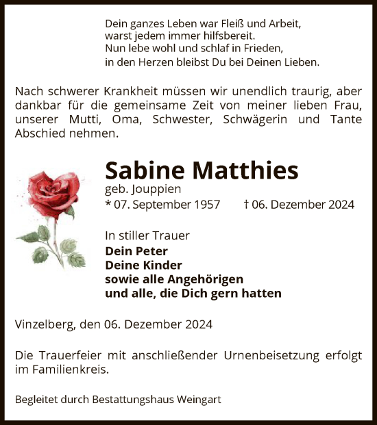 Traueranzeige von Sabine Matthies von UEL