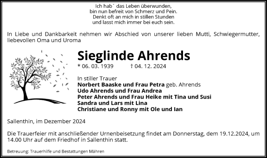 Traueranzeige von Sieglinde Ahrends von UEL