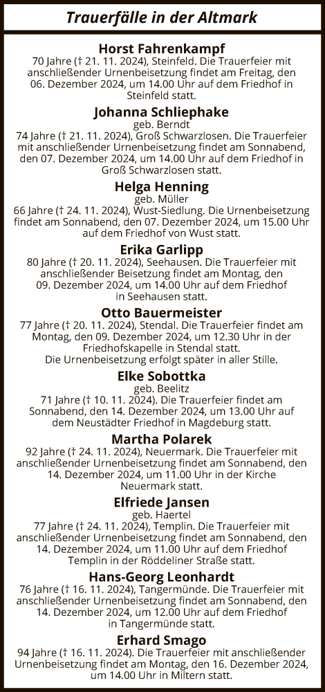 Traueranzeige von Totentafel vom 04.12.2024 von UEL