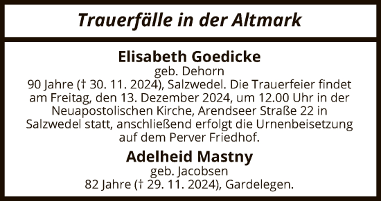 Traueranzeige von Totentafel vom 06.12.2024 von UEL