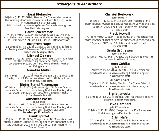 Traueranzeige von Totentafel vom 18.12.2024 von UEL