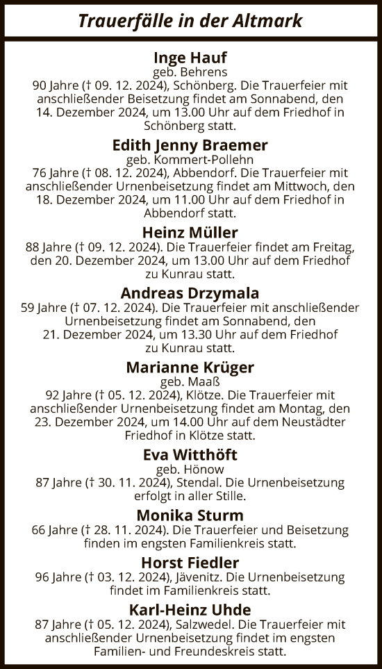 Traueranzeige von Trauerfälle  von UEL