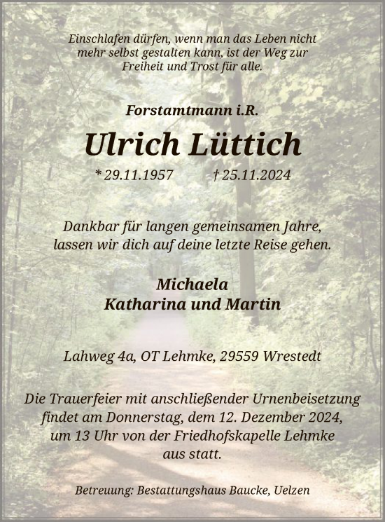 Traueranzeige von Ulrich Lüttich von UEL