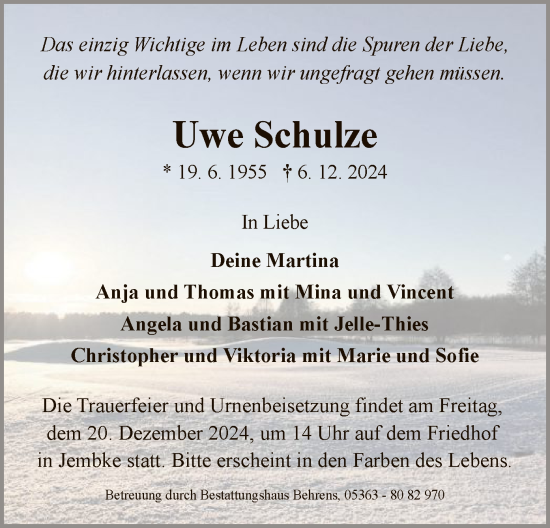 Traueranzeige von Uwe Schulze von UEL