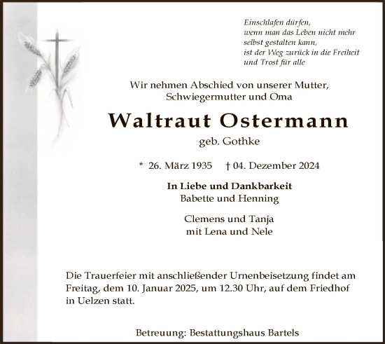 Traueranzeige von Waltraut Ostermann von UEL