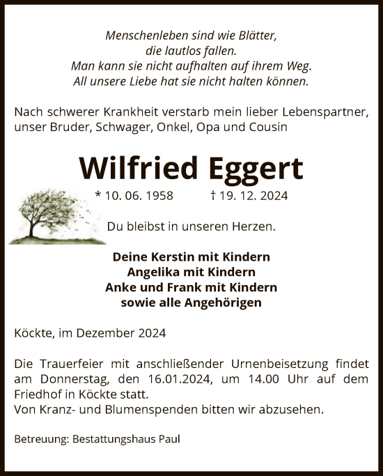 Traueranzeige von Wilfried Eggert von UEL