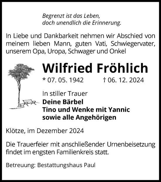 Traueranzeige von Wilfried Fröhlich von UEL