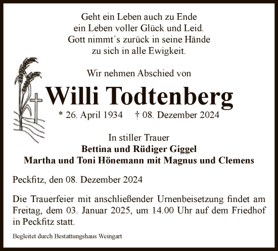 Traueranzeige von Willi Todtenberg von UEL