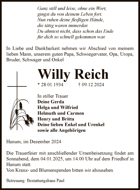 Traueranzeige von Willy Reich von UEL