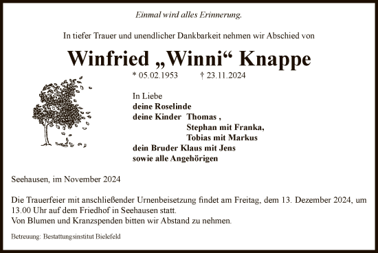 Traueranzeige von Winfried Knappe von UEL