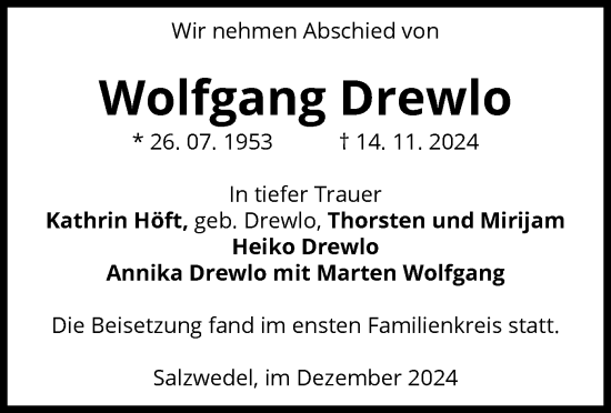 Traueranzeige von Wolfgang Drewlo von UEL