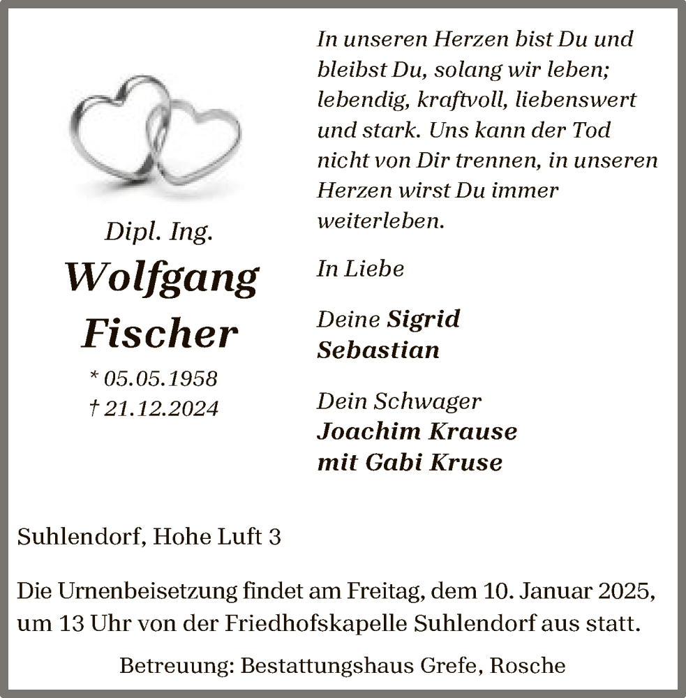  Traueranzeige für Wolfgang Fischer vom 28.12.2024 aus UEL