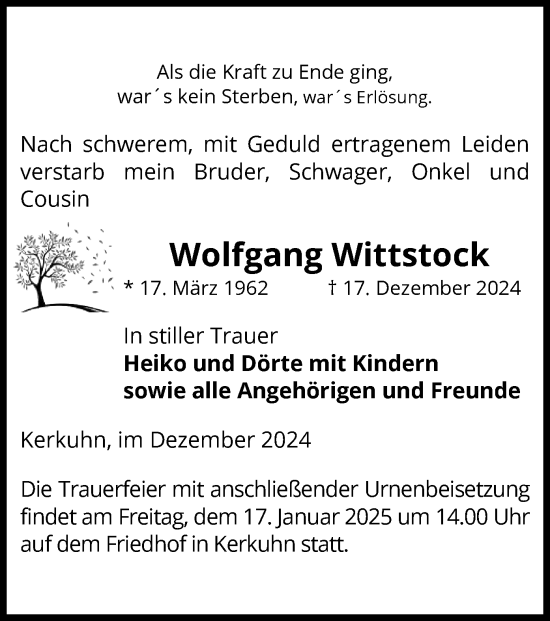 Traueranzeige von Wolfgang Wittstock von UEL