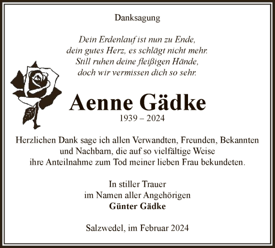 Traueranzeige von Aenne Gädke von UEL