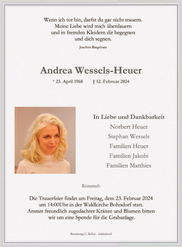  Traueranzeige für Andrea Wessels-Heuer vom 17.02.2024 aus UEL