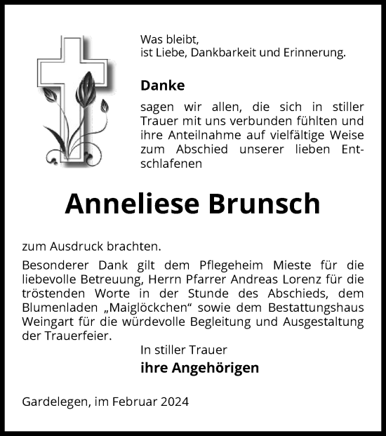 Traueranzeige von Anneliese Brunsch von UEL