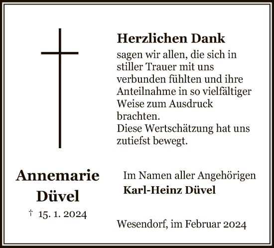 Traueranzeige von Annemarie Düvel von UEL