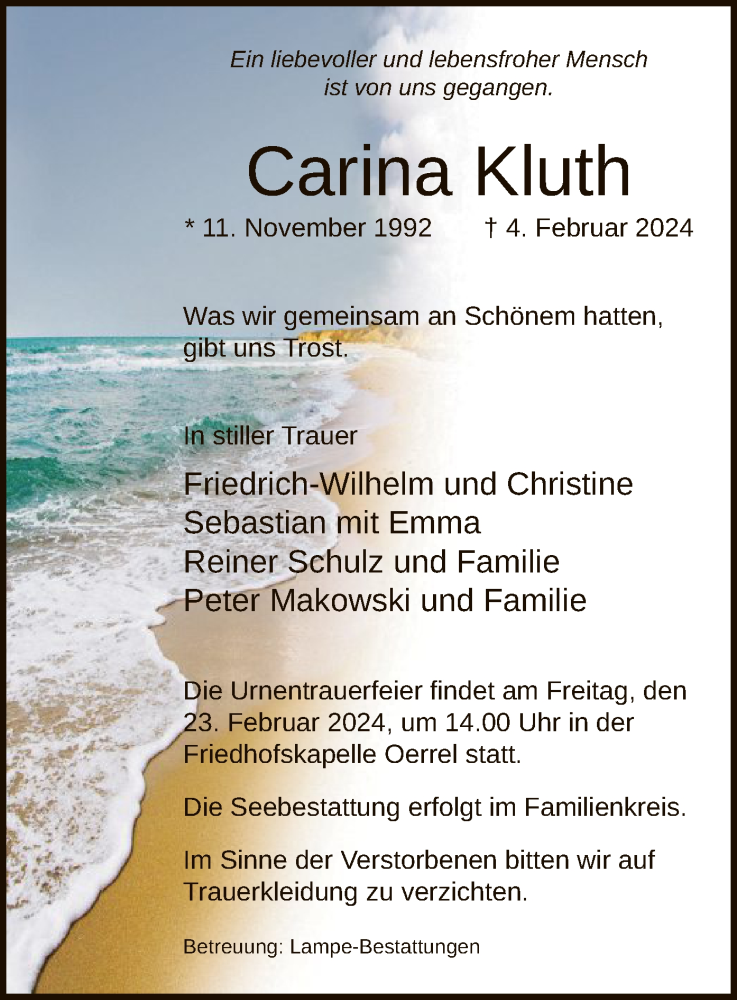  Traueranzeige für Carina Kluth vom 14.02.2024 aus UEL