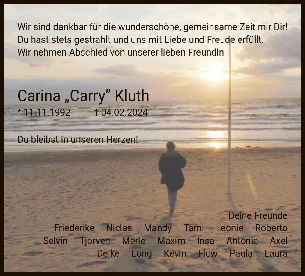  Traueranzeige für Carina Kluth vom 20.02.2024 aus UEL