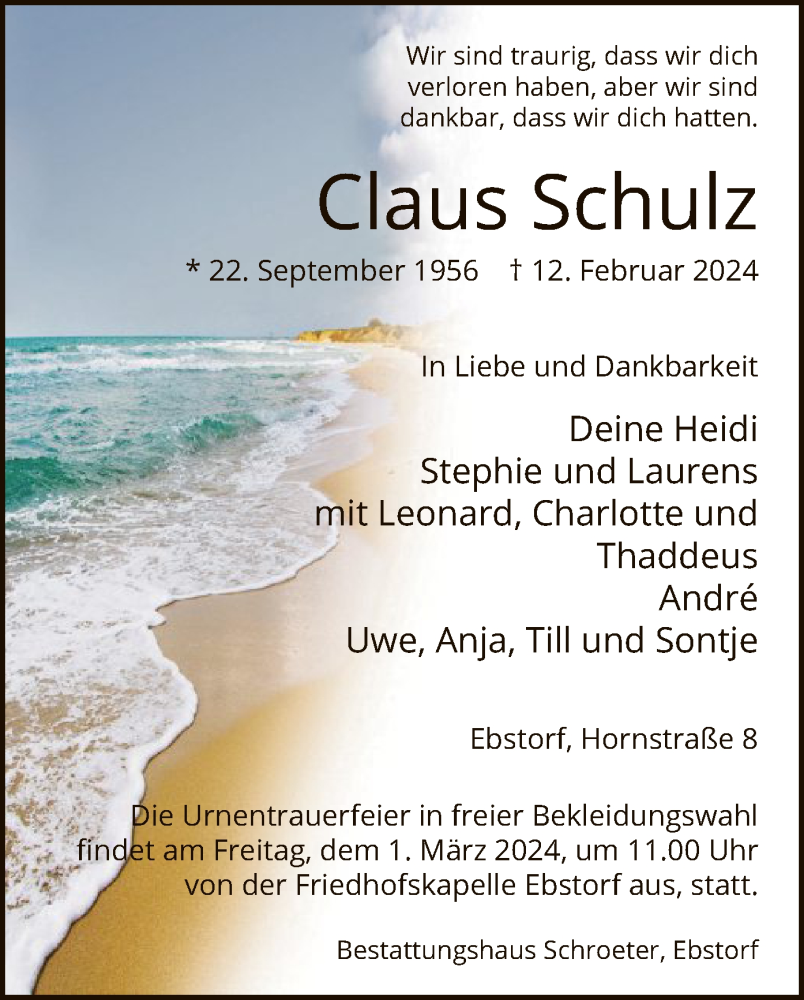  Traueranzeige für Claus Schulz vom 17.02.2024 aus UEL
