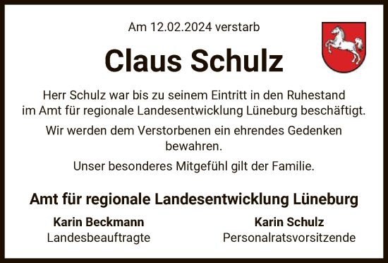 Traueranzeige von Claus Schulz von UEL