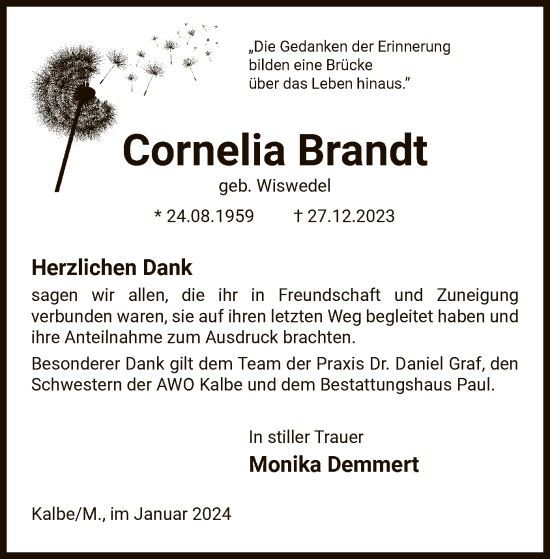 Traueranzeige von Cornelia Brandt von UEL