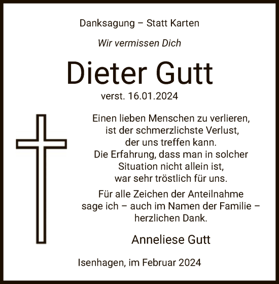 Traueranzeige von Dieter Gutt von UEL