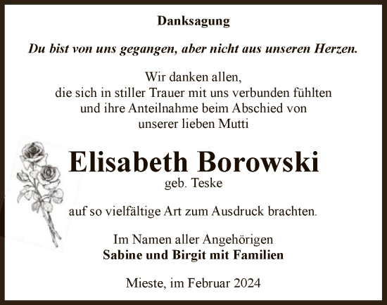 Traueranzeige von Elisabeth Borowski von UEL