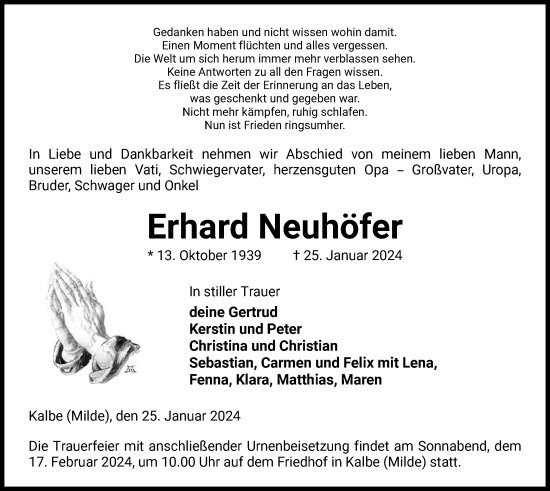 Traueranzeige von Erhard Neuhöfer von UEL